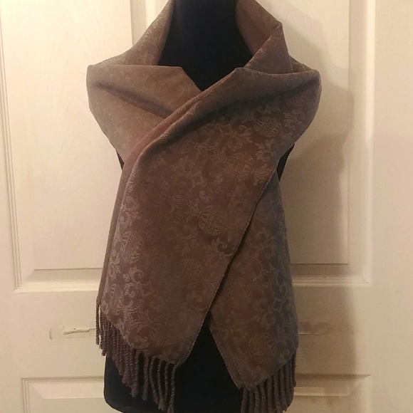 Cecchi E Cecchi Vtg Grey Wool Damask Scarf Fringed Italy - Picture 1 of 6